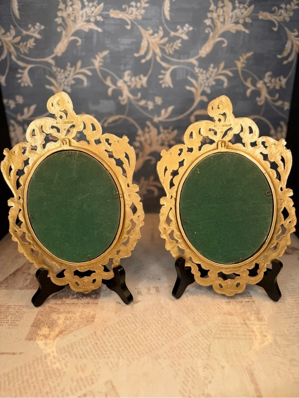 Vintage Pinky & Blue Boy Convex Print Pair Ornate Gold Tone Resin Frames